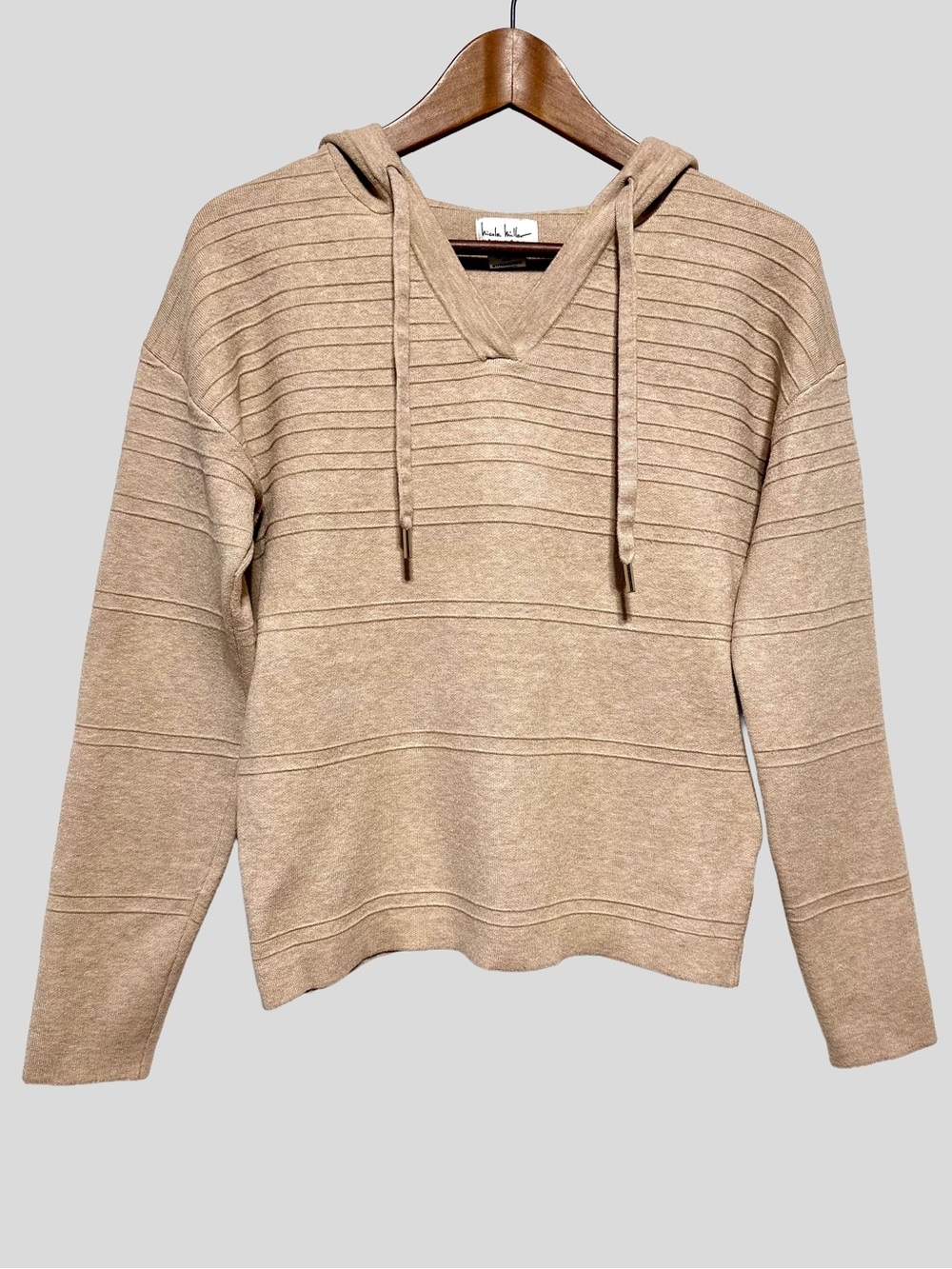 Nicole Miller Ribbed Knit Hooded Sweater Beige Cozy Autumn Fall Pullover Size S